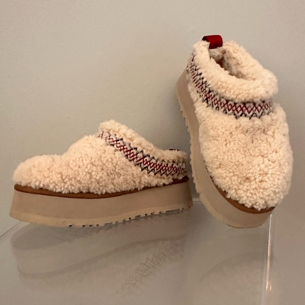 UGG Cream Sherpa Platform Clogs with Red Accent